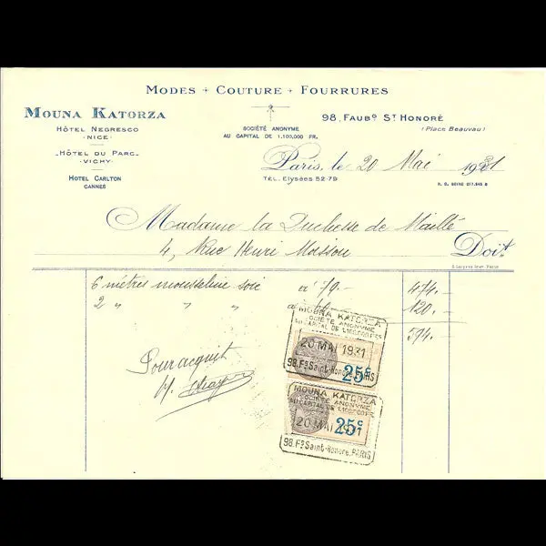 Facture De La Maison Mouna Katorza, 98 Faubourg Saint-Honoré À Paris (1931) 1