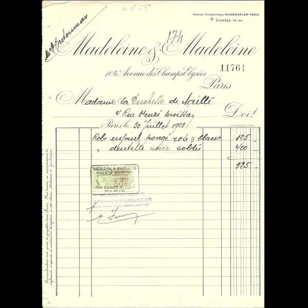 Facture De La Maison De Couture Madeleine & Madeleine, 104 Avenue Des Champs-Elysées À Paris (1923) 1