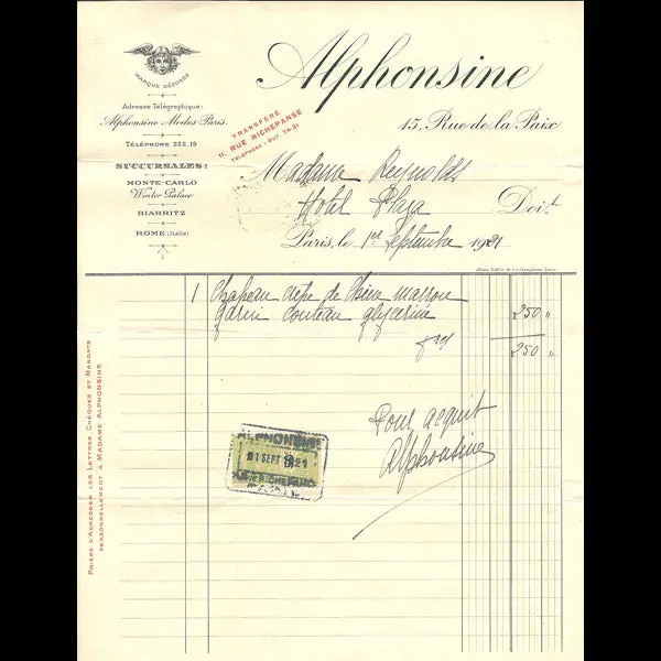 Facture De La Maison De Modes Alphonsine, 15 Rue De La Paix À Paris (1921) 1