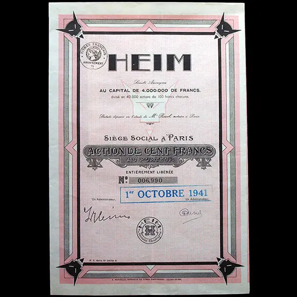 Heim - Action De La Société Anonyme (1941) 1