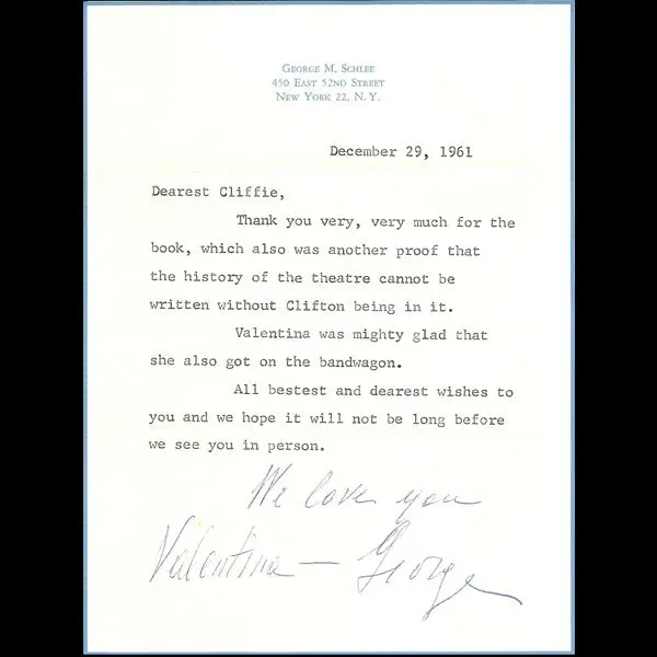 Valentina - Lettre Signée Adressée À L'acteur Clifton Webb (1961) 1