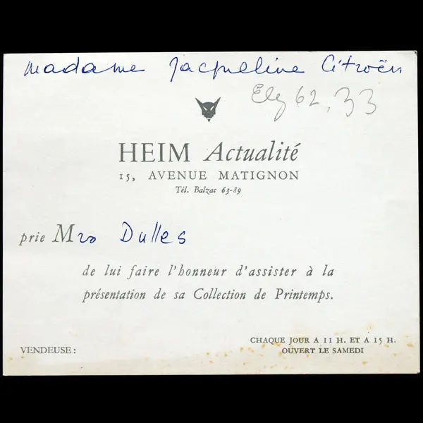 Carton D'invitation De La Maison Jacques Heim (Circa 1950) 1