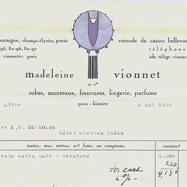 Vionnet - Facture, 50 Avenue Montaigne À Paris (4 Mai 1928) 2