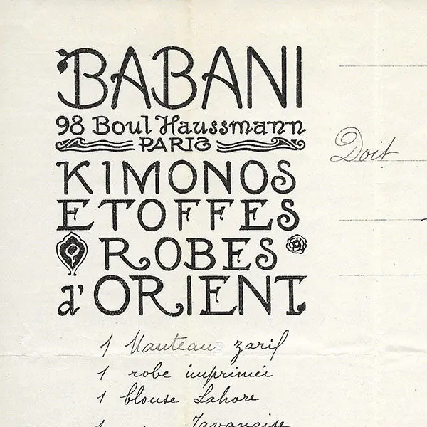 Babani - Facture De La Maison Babani, 98 Boulevard Haussmann À Paris (1923) 2