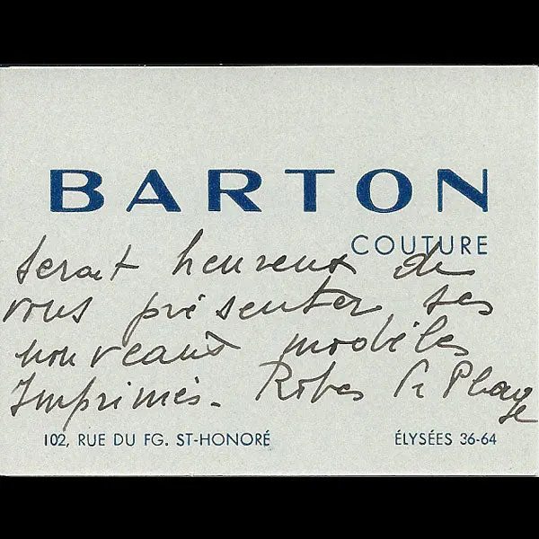 Carton D'invitation De La Maison Barton, 102 Faubourg Saint Honoré À Paris (Circa 1935) 1