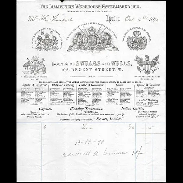 Swears & Wells - Facture Du Magasin De Nouveautés, 192 Regent Street À Londres (1890) 1