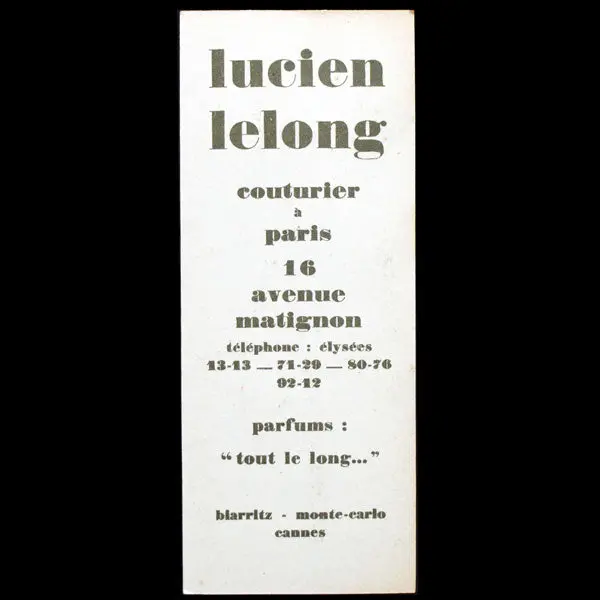 Marque Page Lucien Lelong, 16 Avenue Matignon À Paris (Circa 1925) 2