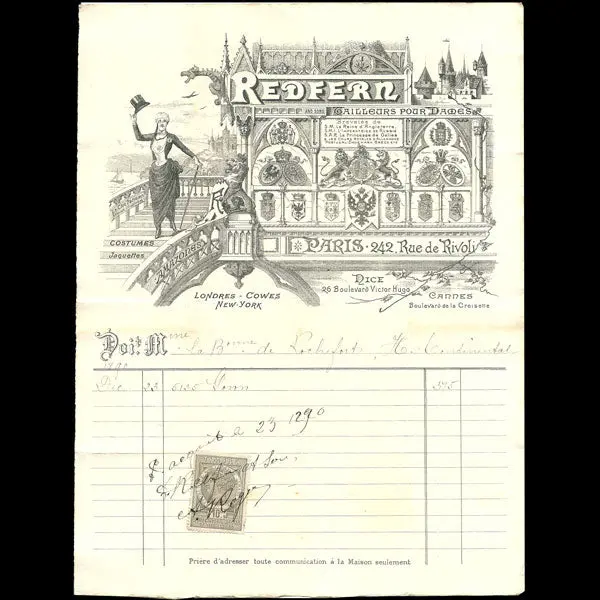 Facture De Redfern And Sons, Tailleur Pour Dames, 242, Rue De Rivoli À Paris (1890) 1