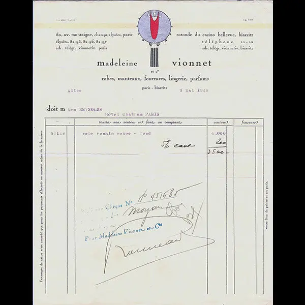 Vionnet - Facture, 50 Avenue Montaigne À Paris (3 Mai 1928) 1