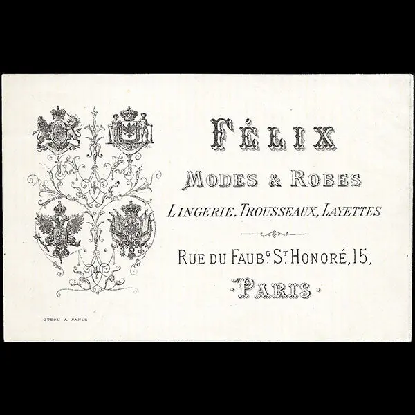 Felix - Carte De La Maison De Couture, 15 Rue Du Faubourg Saint-Honoré À Paris (Circa 1870-1880) 1