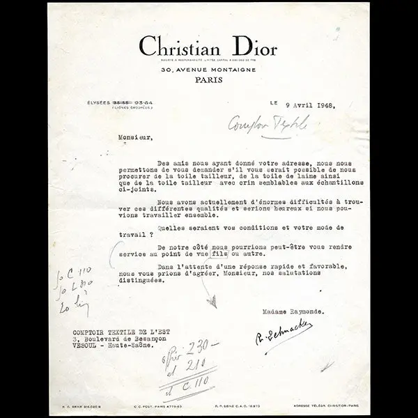 Christian Dior - Lettre De Raymonde Zehnacker (1948) 1