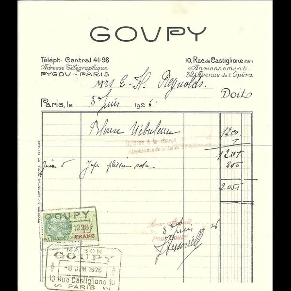 Facture De La Maison Goupy, 10 Rue Castiglione À Paris (1926) 1