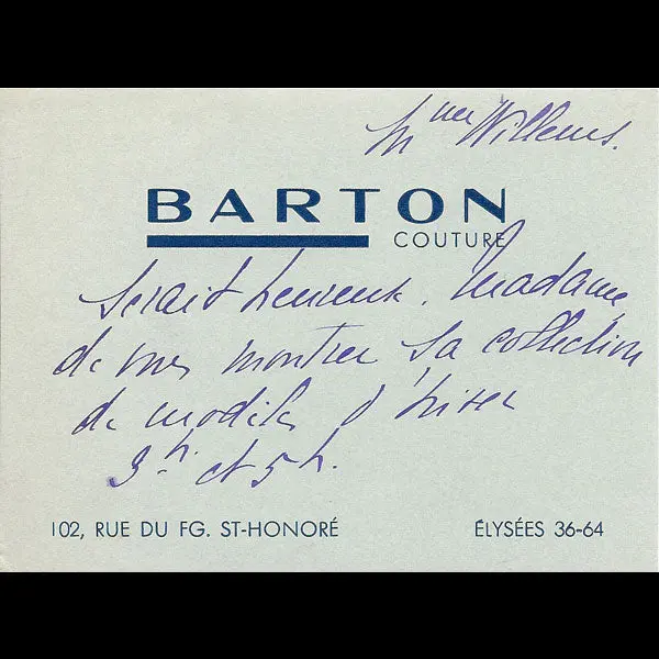 Carton D'invitation De La Maison Barton, 102 Faubourg Saint Honoré À Paris (Circa 1935) 1
