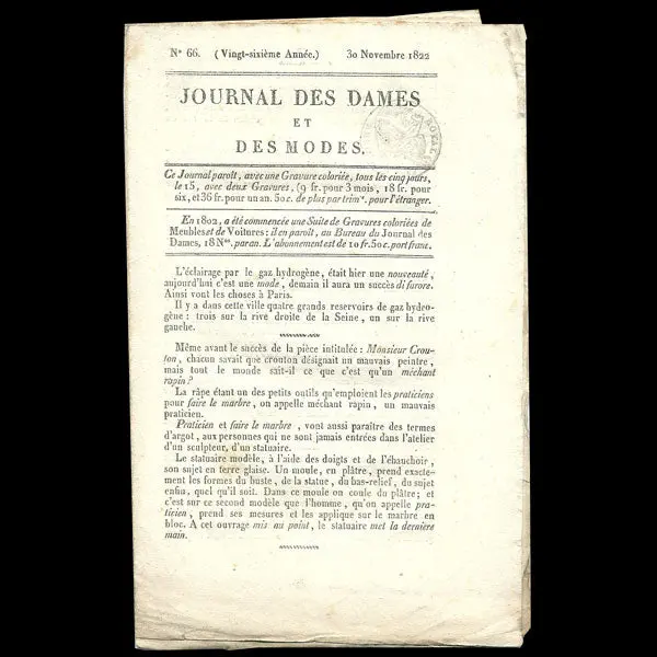 Le Journal Des Dames Et Des Modes, Costumes Parisiens, N°66, 30 Novembre 1822 1