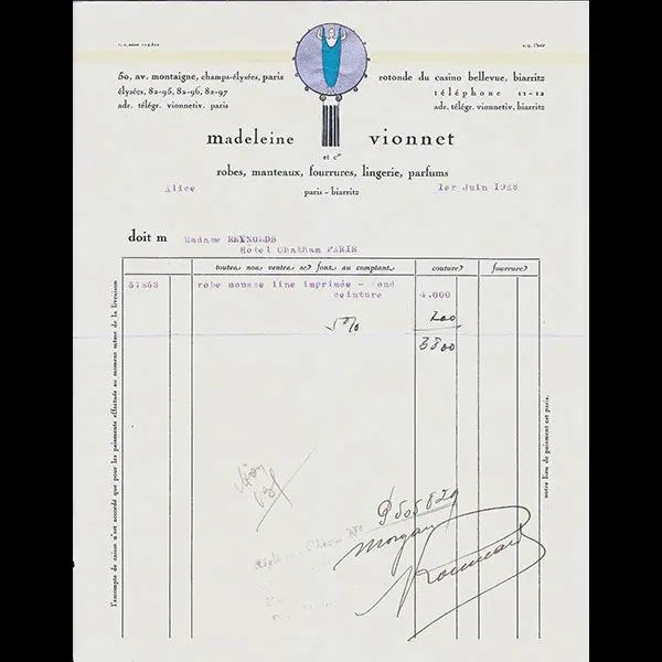 Vionnet - Facture, 50 Avenue Montaigne À Paris (1Er Juin 1928) 1