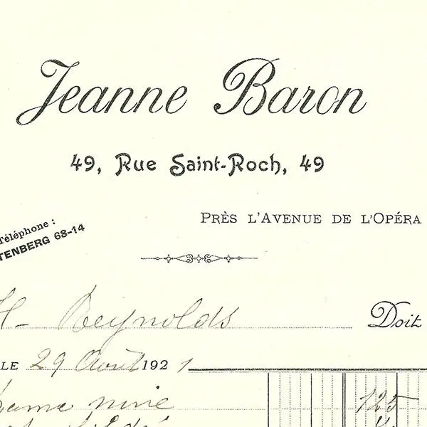 Jeanne Baron - Facture De La Maison De Modes Jeanne Baron, 49 Rue Saint-Roch À Paris (1921) 2