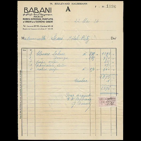 Babani - Facture De La Maison Babani, 98 Boulevard Haussmann À Paris (1924) 1