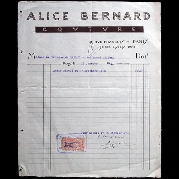 Facture De La Maison Alice Bernard, 40 Rue François Ier À Paris (1921) 1