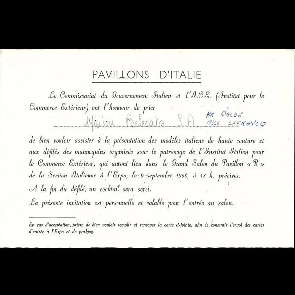 Invitation À Un Défilé De Mode Au Pavillon De L'italie À L'exposition Internationale De 1958 1