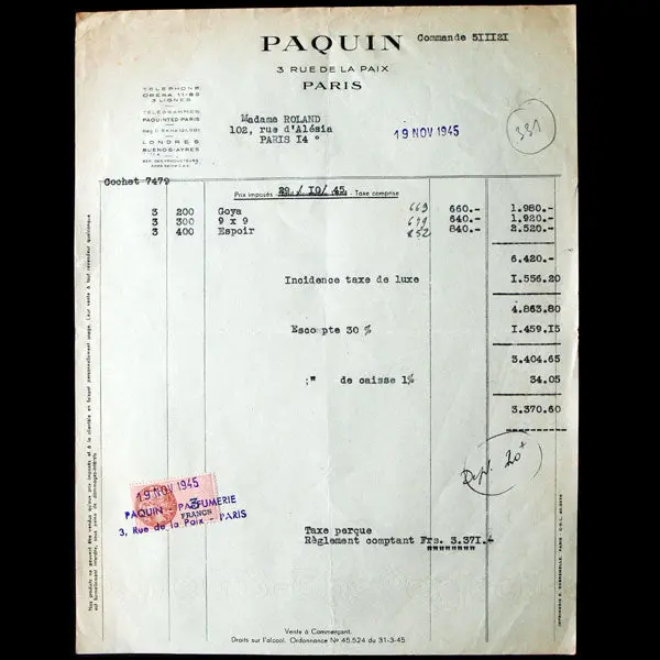 Facture De La Maison Paquin Parfums (1945) 1