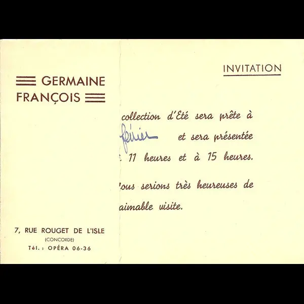 Carton D'invitation De La Maison Germaine François, 7 Rue Rouget De L'isle (1936) 1