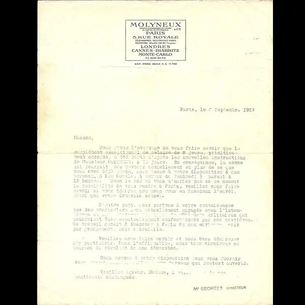 Correspondance De La Maison Molyneux À Une De Ses Employées (1939-1940) 1