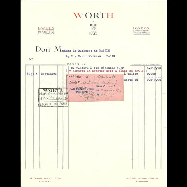 Facture De La Maison Worth, 7 Rue De La Paix, Paris (1933) 1