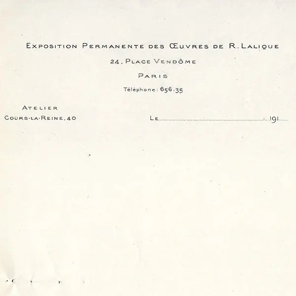 Lalique - Papier À En-Tête De L'exposition Permanente Des Oeuvres De René Lalique 24 Place Vendôme À Paris (1914) 2