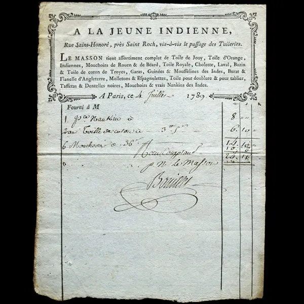 Facture Du Magasin De Tissus A La Jeune Indienne À Paris (1789) 1
