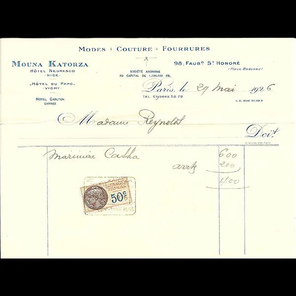 Facture De La Maison Mouna Katorza, 98 Faubourg Saint-Honoré Paris (1926) 1