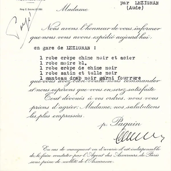Paquin - Avis D'expédition De La Maison De Couture, 3 Rue De La Paix (1928) 2