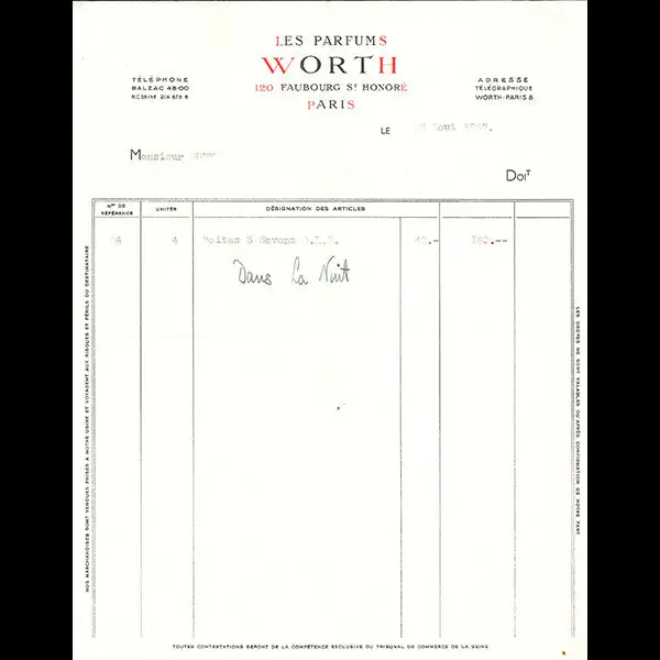 Facture Des Parfums Worth, 120 Faubourg Saint-Honoré, Paris (1937) 1