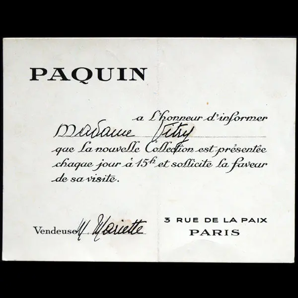 Carton D'invitation De La Maison Paquin, 3 Rue De La Paix À Paris (Circa 1940) 1