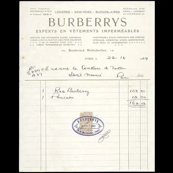 Burberrys - Facture De La Maison Experte En Imperméables, 10 Boulevard Malesherbes À Paris (1909) 1