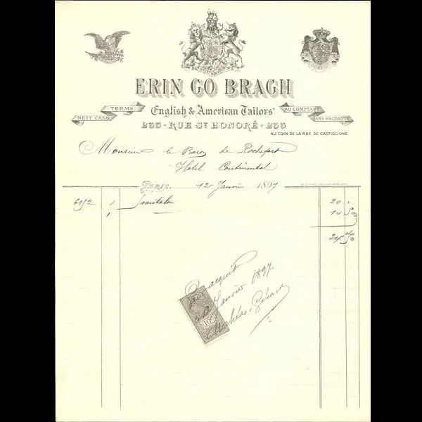 Facture De La Maison Erin Go Bragh, 235 Rue Saint Honore À Paris (1897) 1