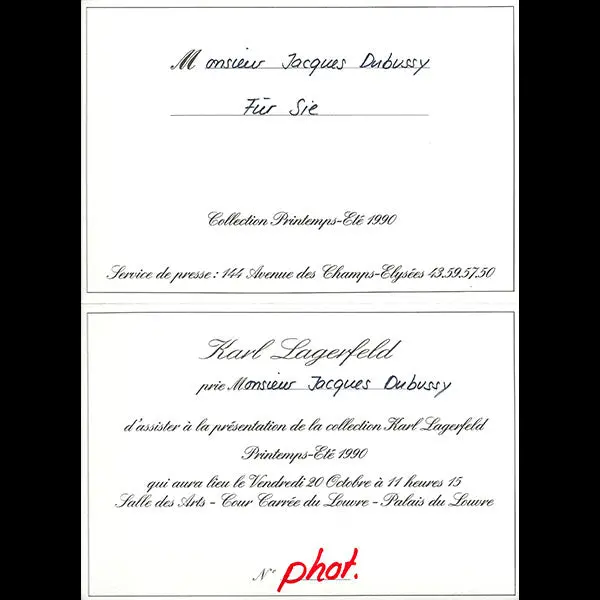 Carte D'invitation De La Maison Karl Lagerfeld Au Défilé Printemps-Eté 1990 2