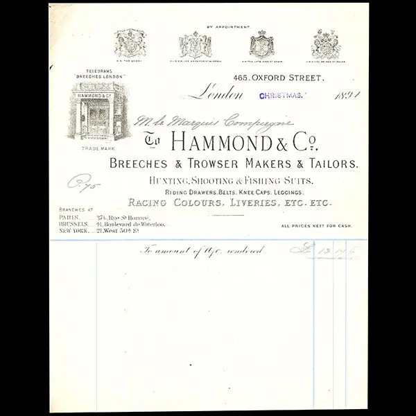 Facture Du Tailleur Hammond And Co, 465 Oxford Street À Londres (1891) 1