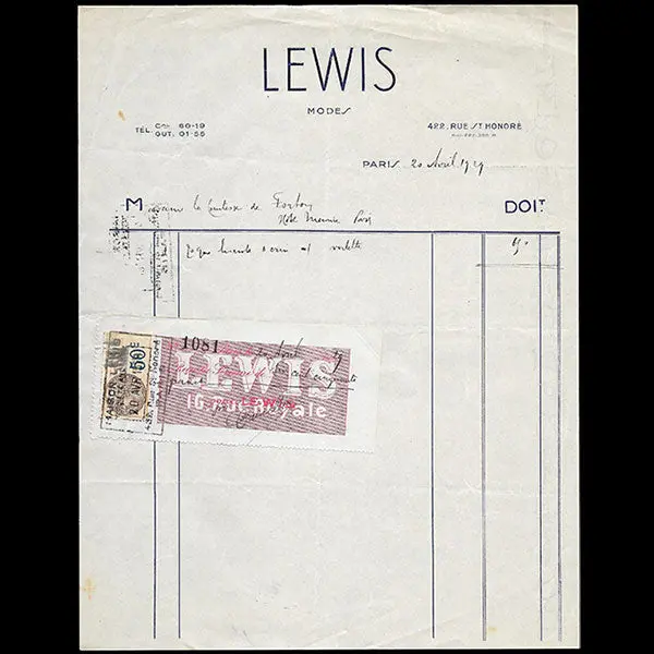 Lewis - Facture De La Maison De Chapeaux, 422 Rue Saint-Honoré À Paris (1929) 1