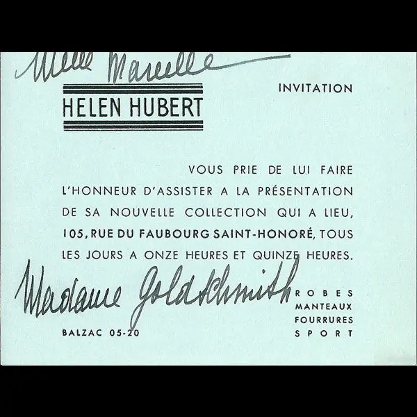 Carton D'invitation De La Maison Helen Hubert, 105 Faubourg Saint Honoré À Paris (Circa 1935) 1