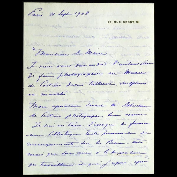 Doucet - Lettre Autographe De Jacques Doucet, À L'en-Tête Du 19 Rue Spontini À Paris (1908) 1