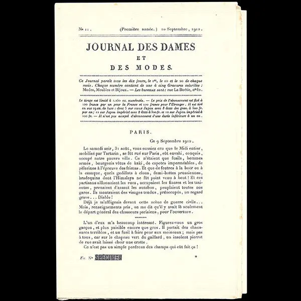 Le Journal Des Dames Et Des Modes, Costumes Parisiens, N11, 1912, Exemplaire Specimen 1