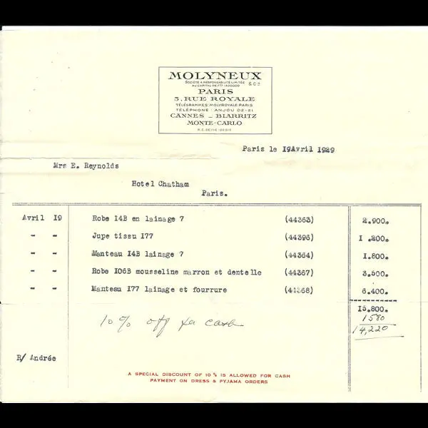 Facture De Molyneux (1929) 1
