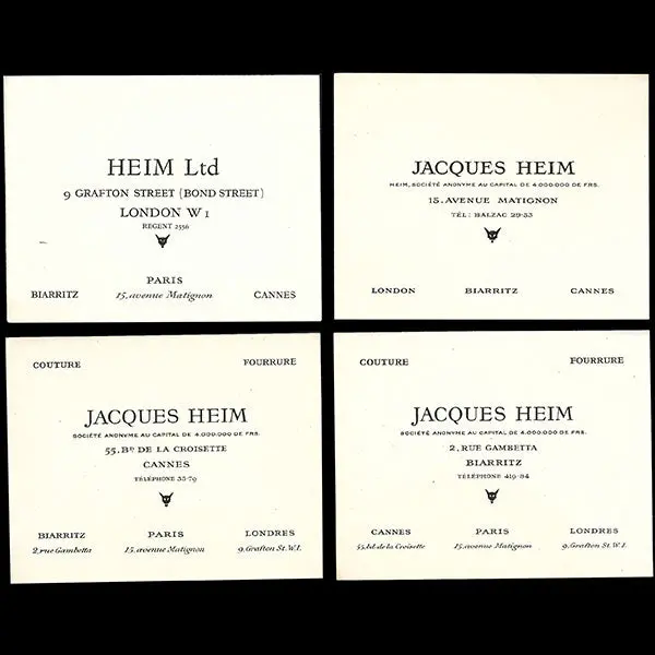 Heim - Réunion Des 4 Cartes De La Maison Heim De Paris, Londres, Biarritz Et Cannes (Circa 1940'S) 1