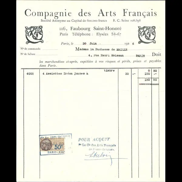 Facture De La Maison De Décoration La Compagnie Des Arts Français, 116 Faubourg Saint-Honoré À Paris (1926) 1