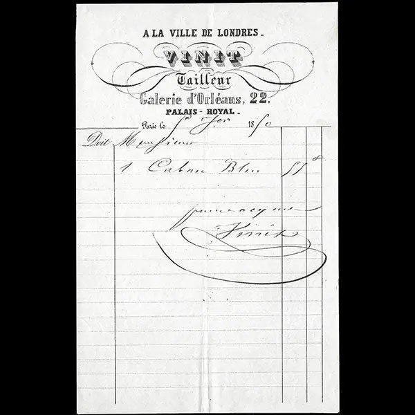 A La Ville De Londres - Facture Du Tailleur Vinit, 22 Galerie D'orléans Au Palais Royal À Paris (1850) 1