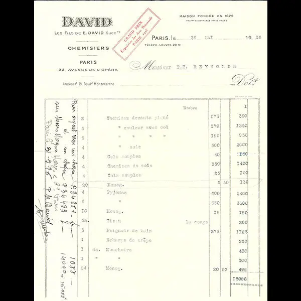 Facture De David, Chemisier, 32 Avenue De L'opéra À Paris (1926) 1