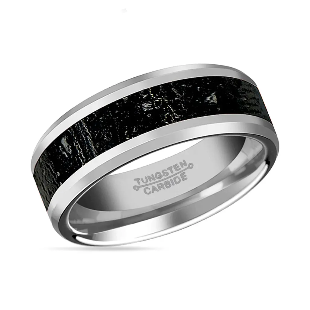 Kilauea | Tungsten Ring, Lava Rock Stone Inlay, Beveled 2