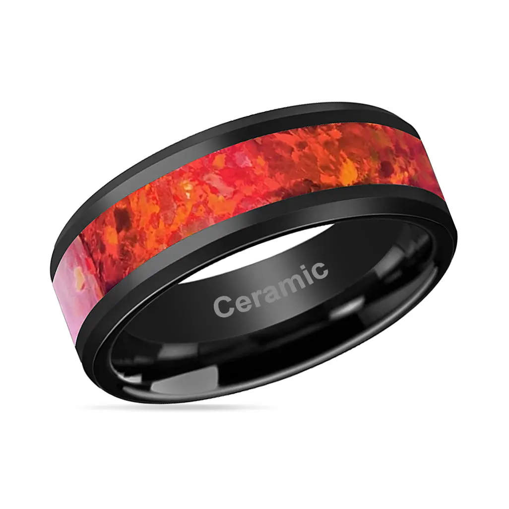 Nova | Black Ceramic Ring, Red Opal Inlay, Beveled 2