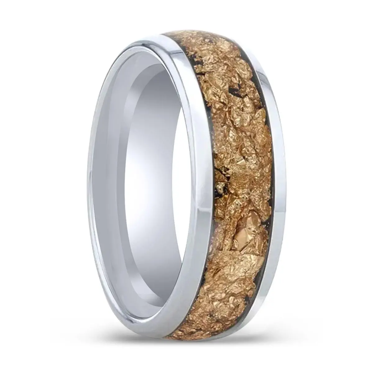 Luxe | Tungsten Ring, Decorative Gold Flake Inlay, Domed 1