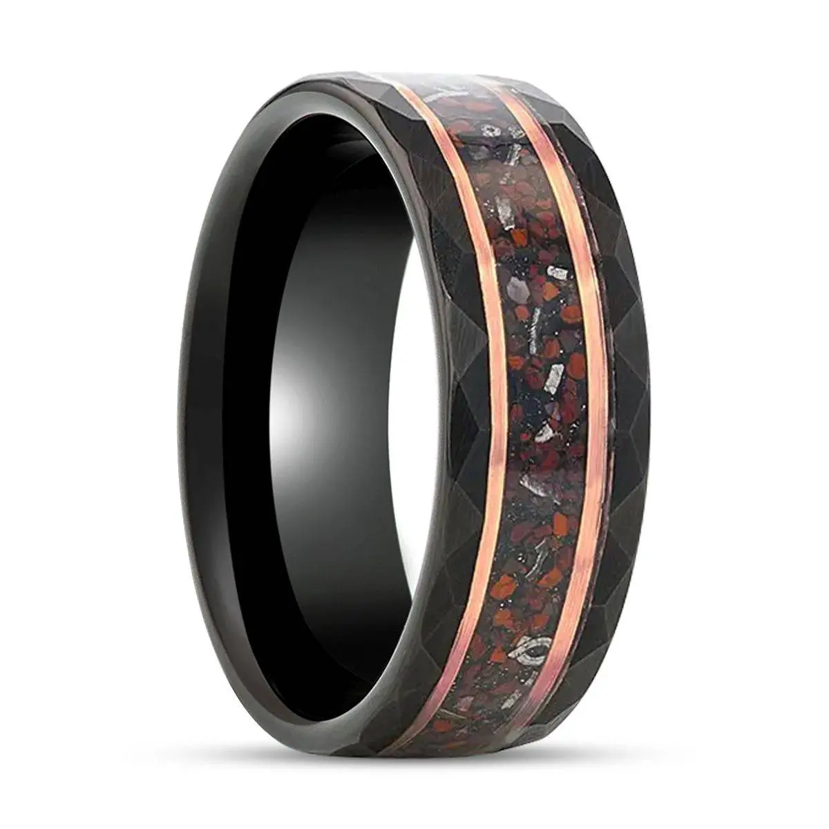 Inferno | Black Tungsten Ring, Hammered, Dinosaur & Meteorite Inlay 1